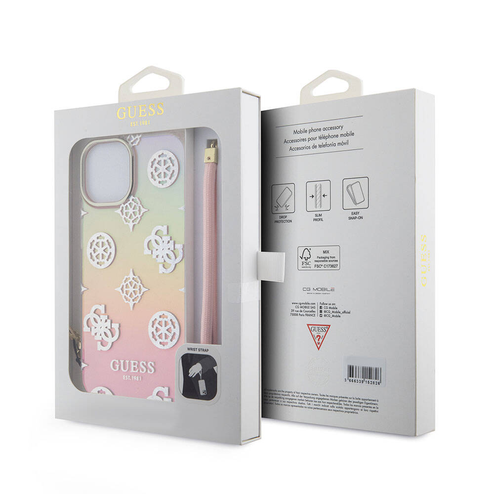 Guess iPhone 15 Plus Orjinal Lisanslı Desenli Yazı Logolu Askı İpli Holografik Glitter Peony Kılıf