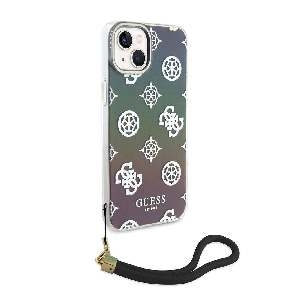 Guess iPhone 15 Plus Orjinal Lisanslı Desenli Yazı Logolu Askı İpli Holografik Glitter Peony Kılıf