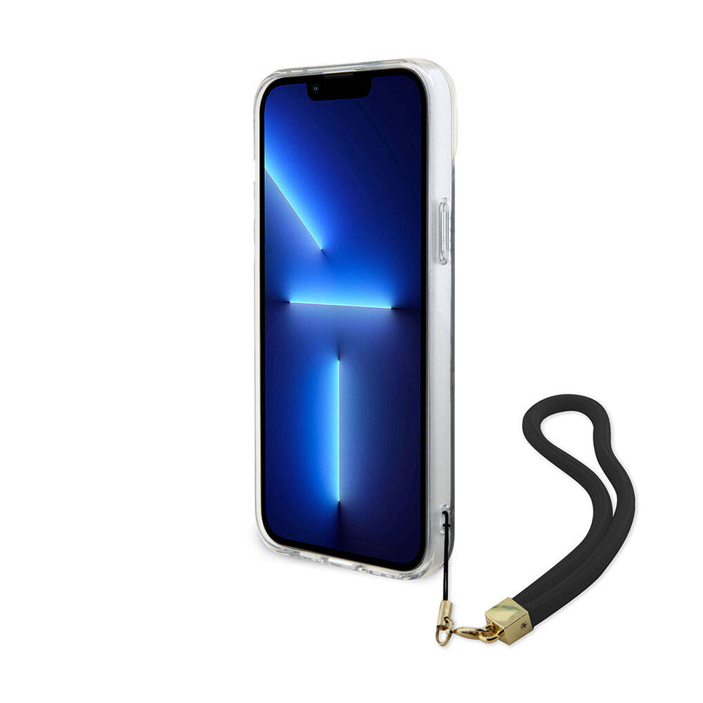 Guess iPhone 15 Plus Orjinal Lisanslı Desenli Yazı Logolu Askı İpli Holografik Glitter Peony Kılıf