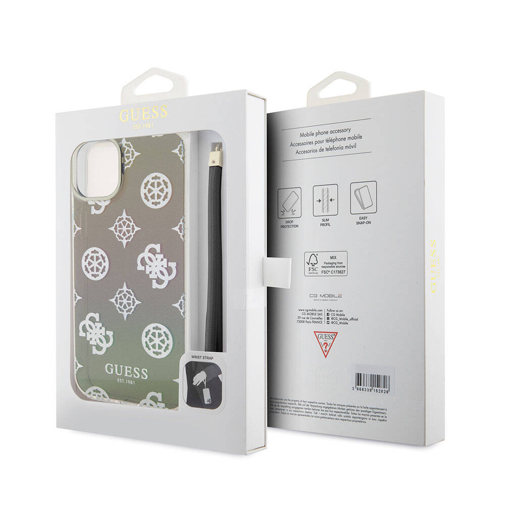 Guess iPhone 15 Plus Orjinal Lisanslı Desenli Yazı Logolu Askı İpli Holografik Glitter Peony Kılıf