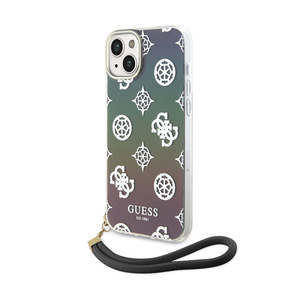 Guess iPhone 15 Plus Orjinal Lisanslı Desenli Yazı Logolu Askı İpli Holografik Glitter Peony Kılıf