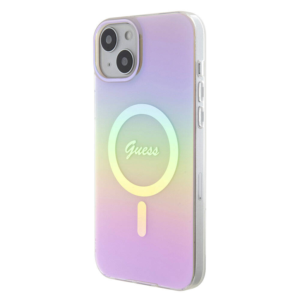 Guess iPhone 15 Plus Orjinal Lisanslı Magsafe Şarj Özellikli Yazı Logolu Iridescent Telefon Kılıfı