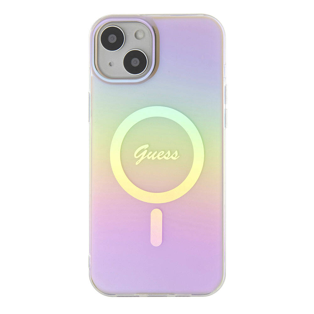 Guess iPhone 15 Plus Orjinal Lisanslı Magsafe Şarj Özellikli Yazı Logolu Iridescent Telefon Kılıfı