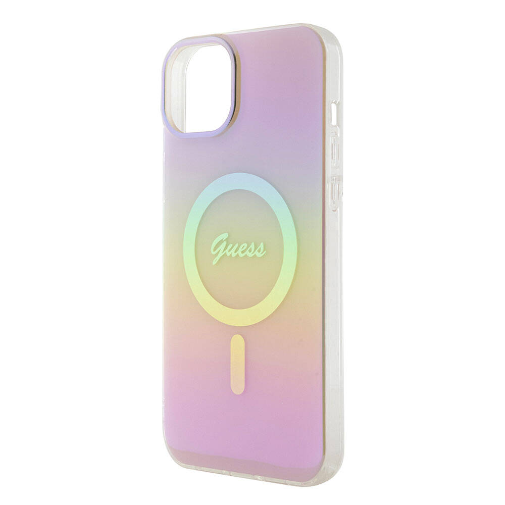 Guess iPhone 15 Plus Orjinal Lisanslı Magsafe Şarj Özellikli Yazı Logolu Iridescent Telefon Kılıfı