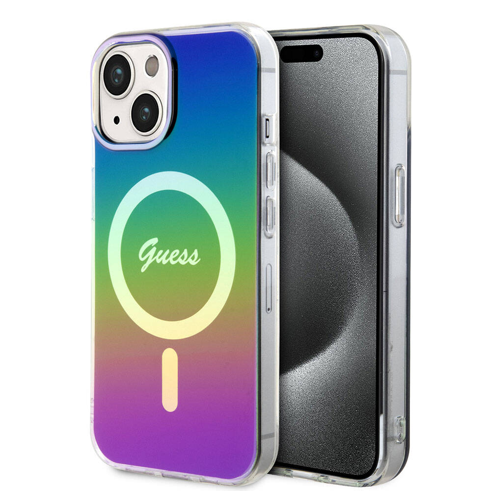 Guess iPhone 15 Plus Orjinal Lisanslı Magsafe Şarj Özellikli Yazı Logolu Iridescent Telefon Kılıfı