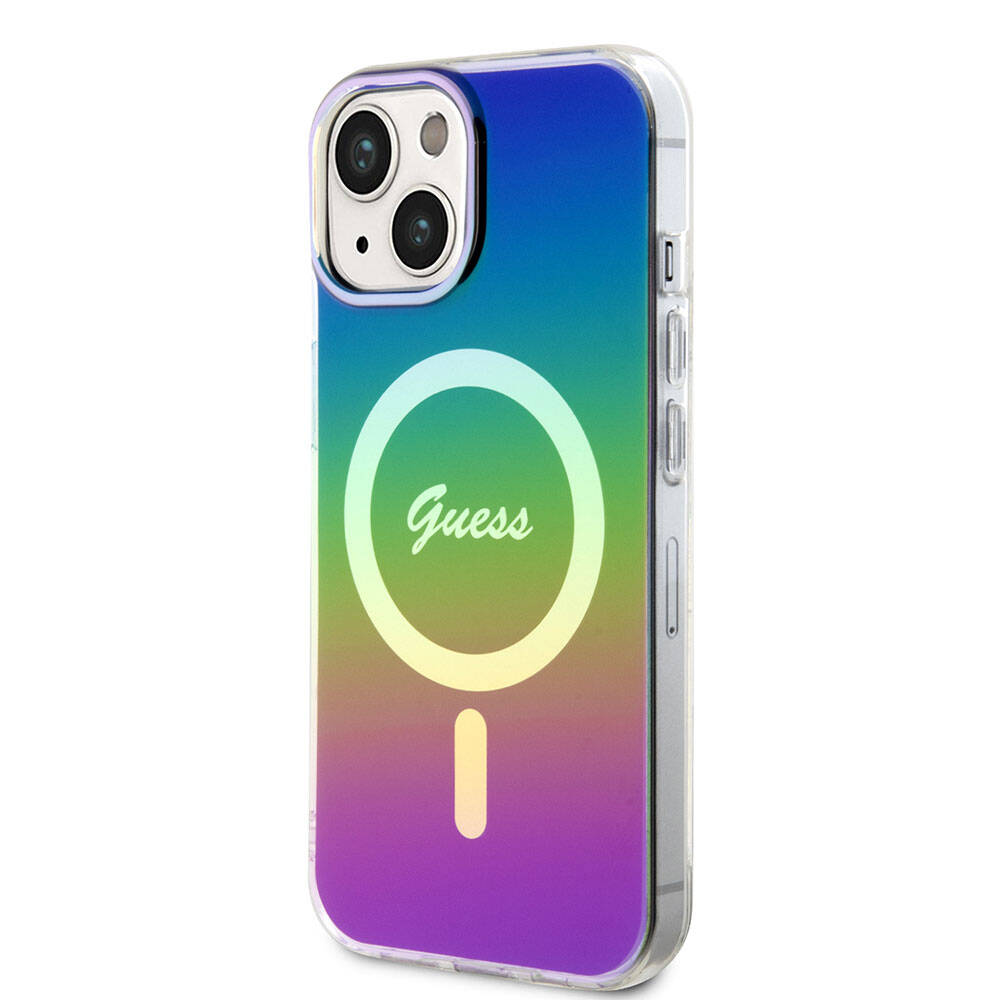 Guess iPhone 15 Plus Orjinal Lisanslı Magsafe Şarj Özellikli Yazı Logolu Iridescent Telefon Kılıfı