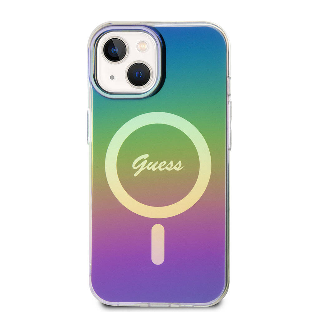 Guess iPhone 15 Plus Orjinal Lisanslı Magsafe Şarj Özellikli Yazı Logolu Iridescent Telefon Kılıfı