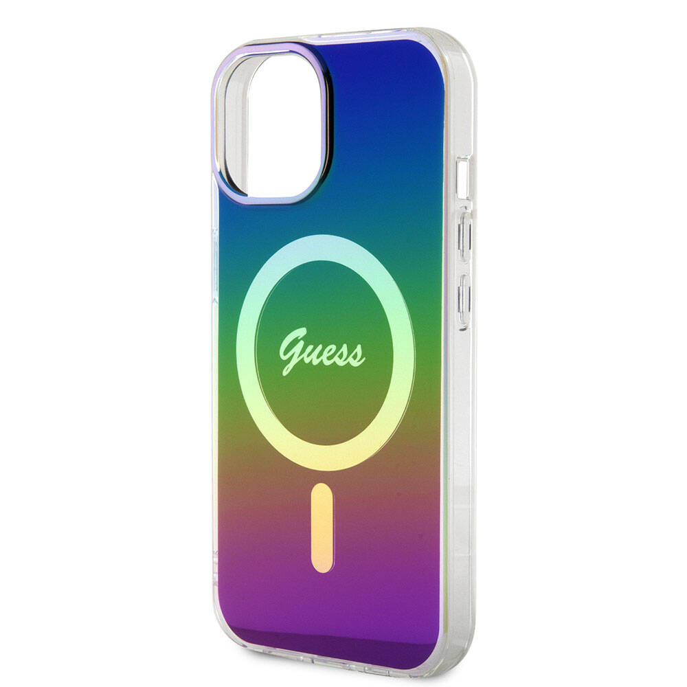 Guess iPhone 15 Plus Orjinal Lisanslı Magsafe Şarj Özellikli Yazı Logolu Iridescent Telefon Kılıfı