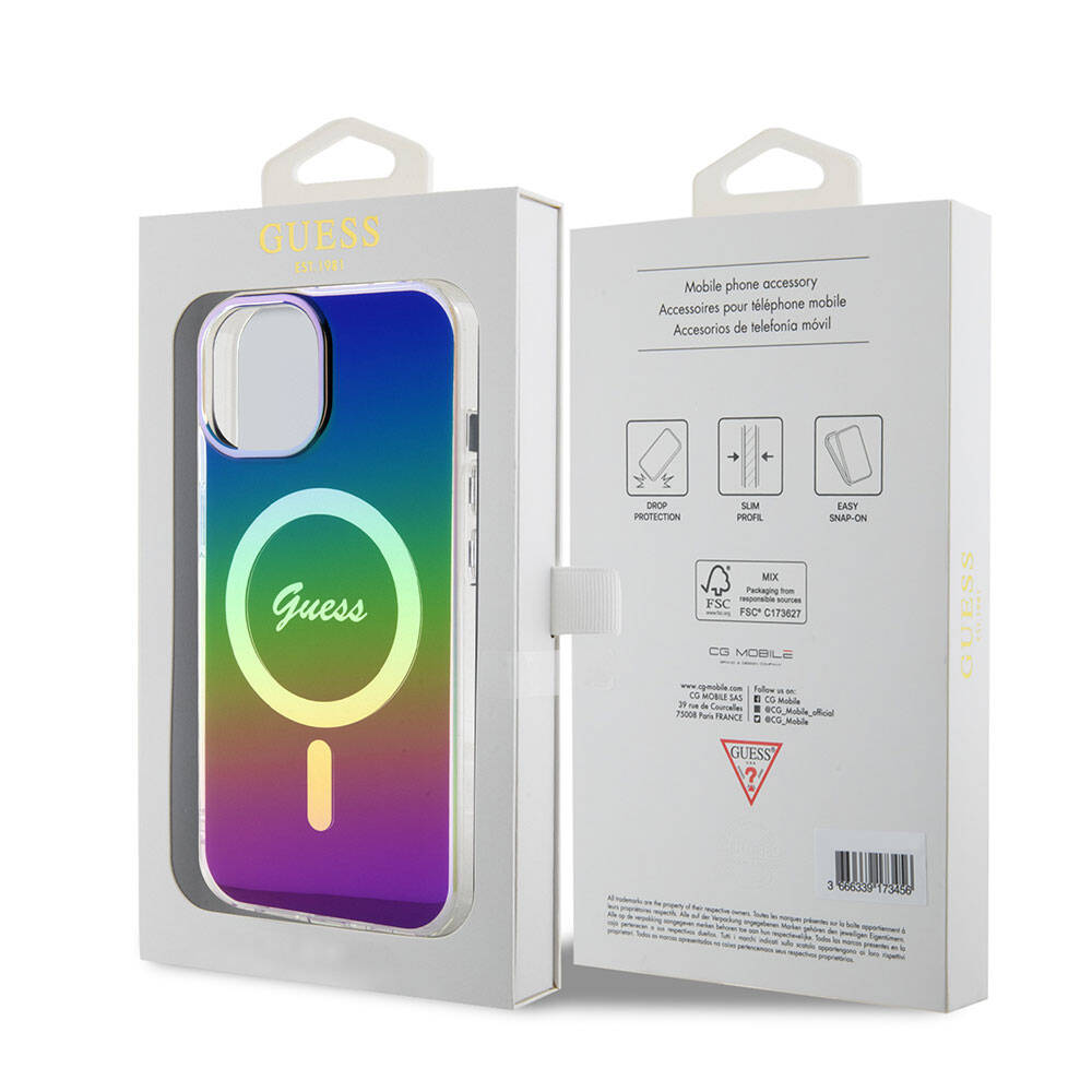 Guess iPhone 15 Plus Orjinal Lisanslı Magsafe Şarj Özellikli Yazı Logolu Iridescent Telefon Kılıfı