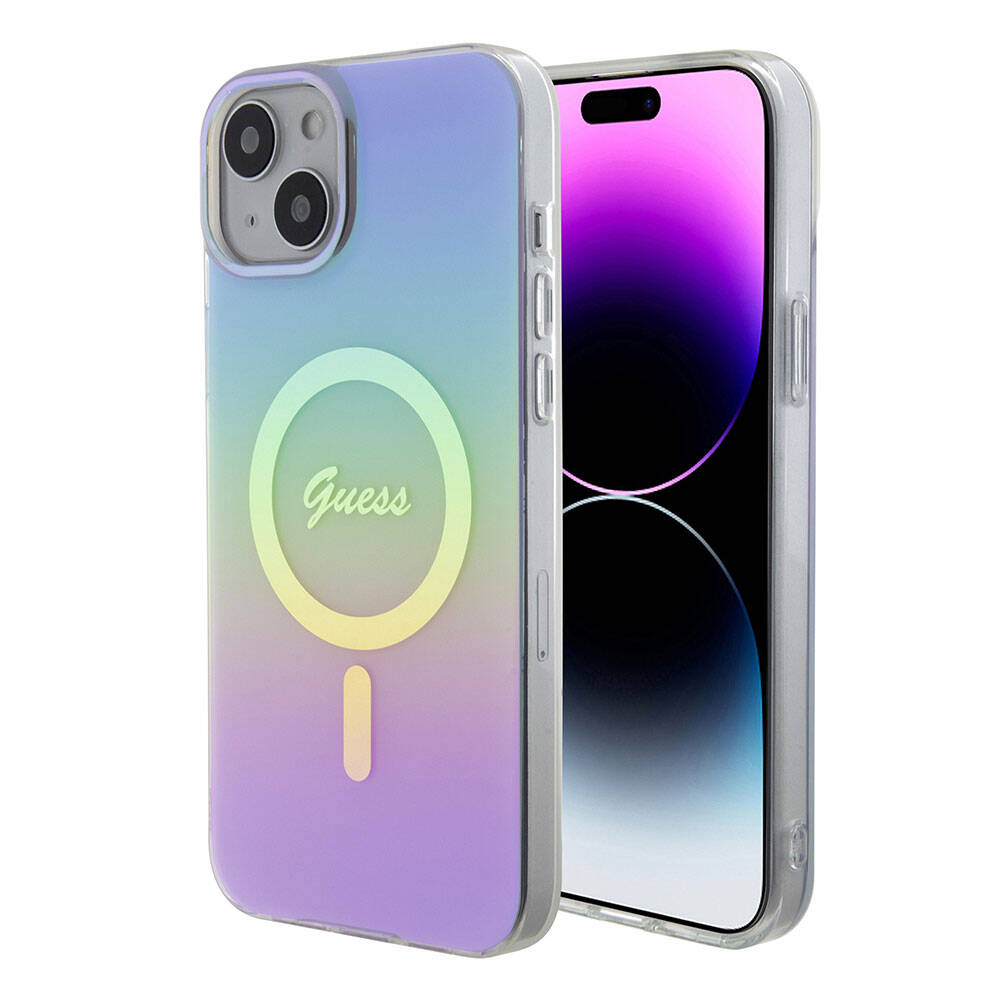 Guess iPhone 15 Plus Orjinal Lisanslı Magsafe Şarj Özellikli Yazı Logolu Iridescent Telefon Kılıfı