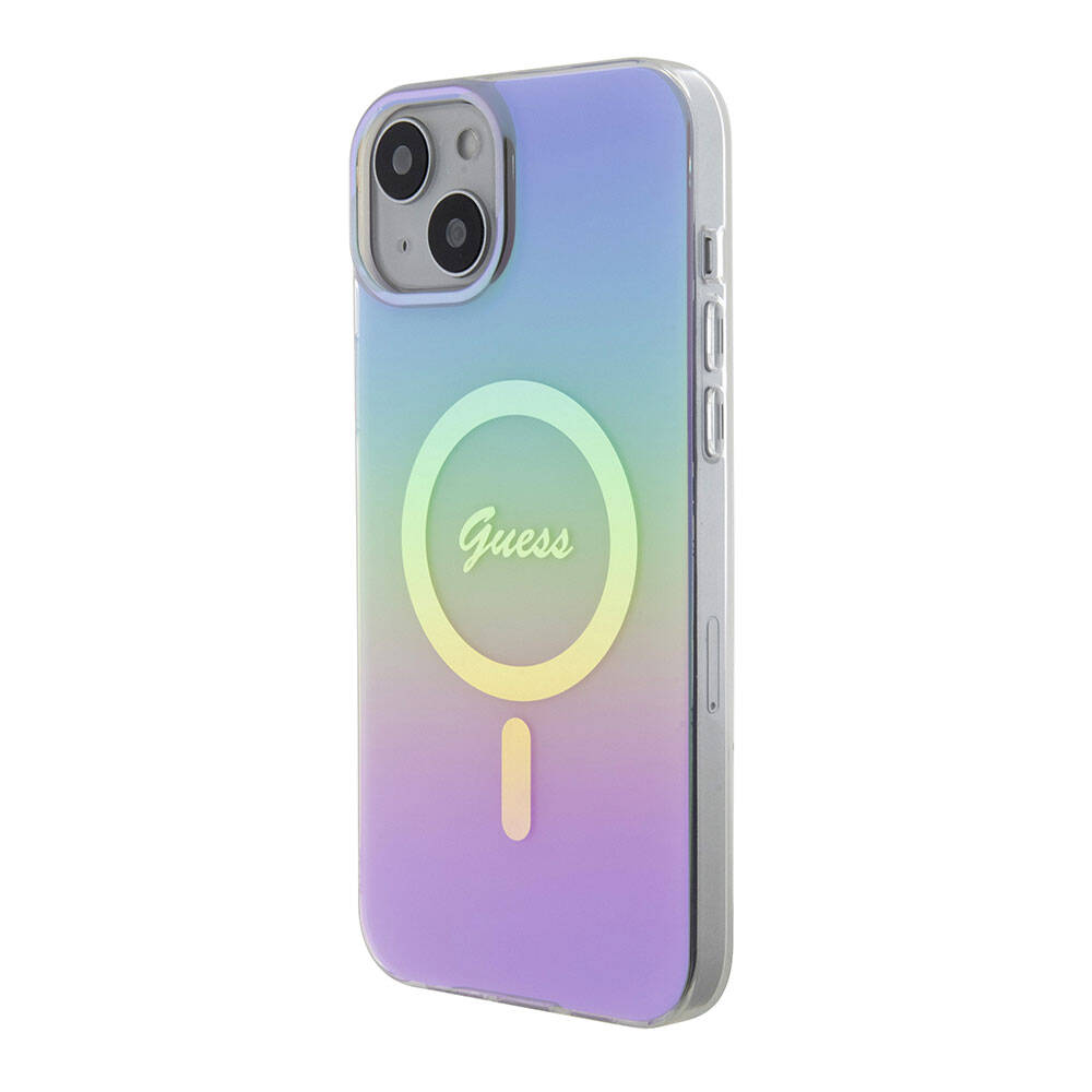 Guess iPhone 15 Plus Orjinal Lisanslı Magsafe Şarj Özellikli Yazı Logolu Iridescent Telefon Kılıfı