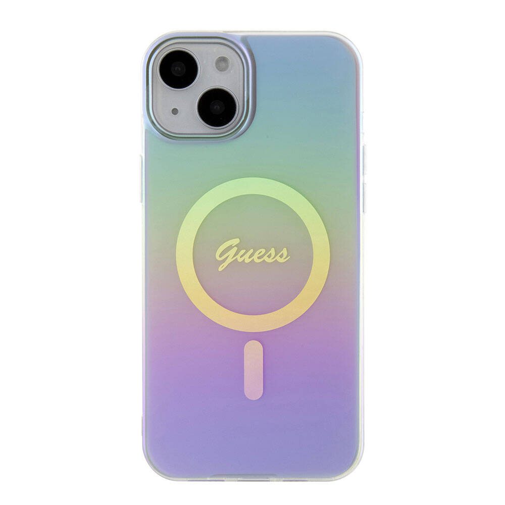 Guess iPhone 15 Plus Orjinal Lisanslı Magsafe Şarj Özellikli Yazı Logolu Iridescent Telefon Kılıfı