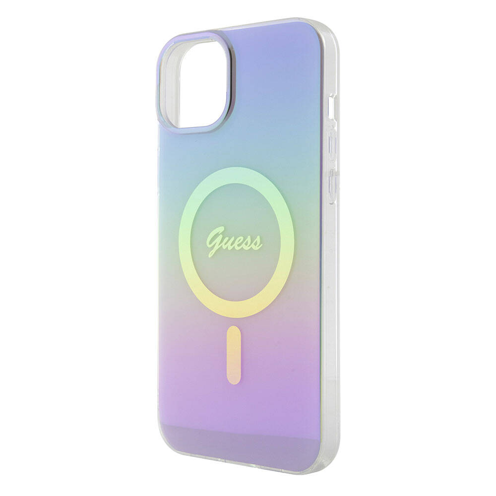 Guess iPhone 15 Plus Orjinal Lisanslı Magsafe Şarj Özellikli Yazı Logolu Iridescent Telefon Kılıfı