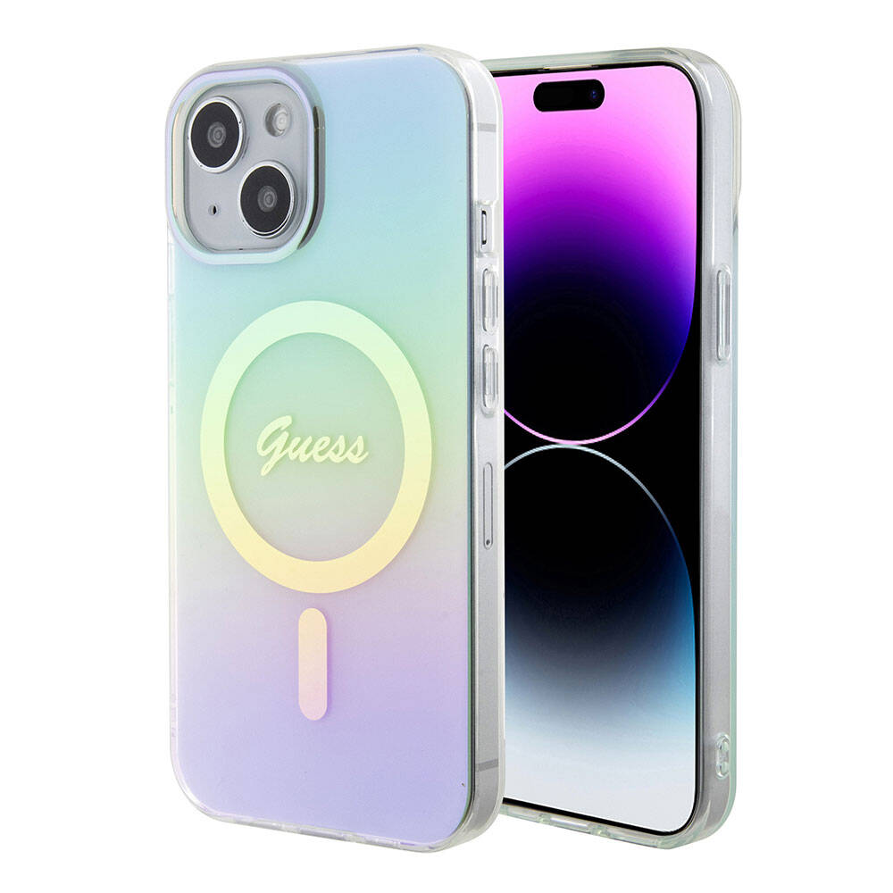 Guess iPhone 15 Plus Orjinal Lisanslı Magsafe Şarj Özellikli Yazı Logolu Iridescent Telefon Kılıfı