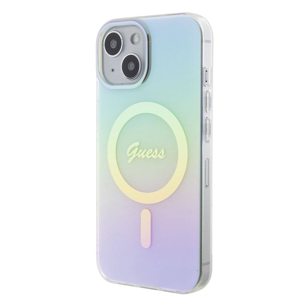 Guess iPhone 15 Plus Orjinal Lisanslı Magsafe Şarj Özellikli Yazı Logolu Iridescent Telefon Kılıfı