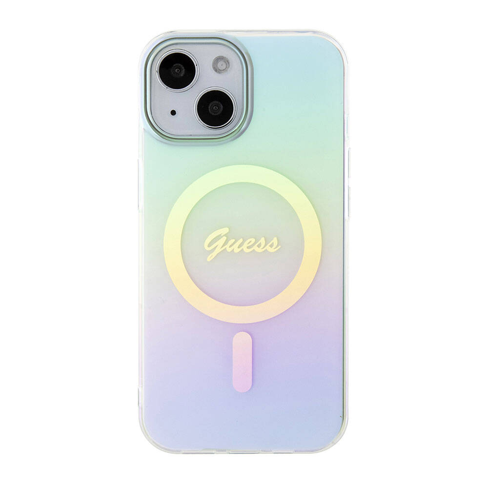 Guess iPhone 15 Plus Orjinal Lisanslı Magsafe Şarj Özellikli Yazı Logolu Iridescent Telefon Kılıfı