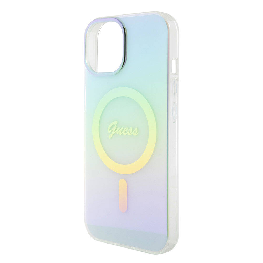 Guess iPhone 15 Plus Orjinal Lisanslı Magsafe Şarj Özellikli Yazı Logolu Iridescent Telefon Kılıfı