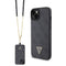 Guess iPhone 15 Plus Orjinal Lisanslı PU Deri Askılı Taşlı Üçgen Logo 4G Desenli Strass Crossbody Kılıf