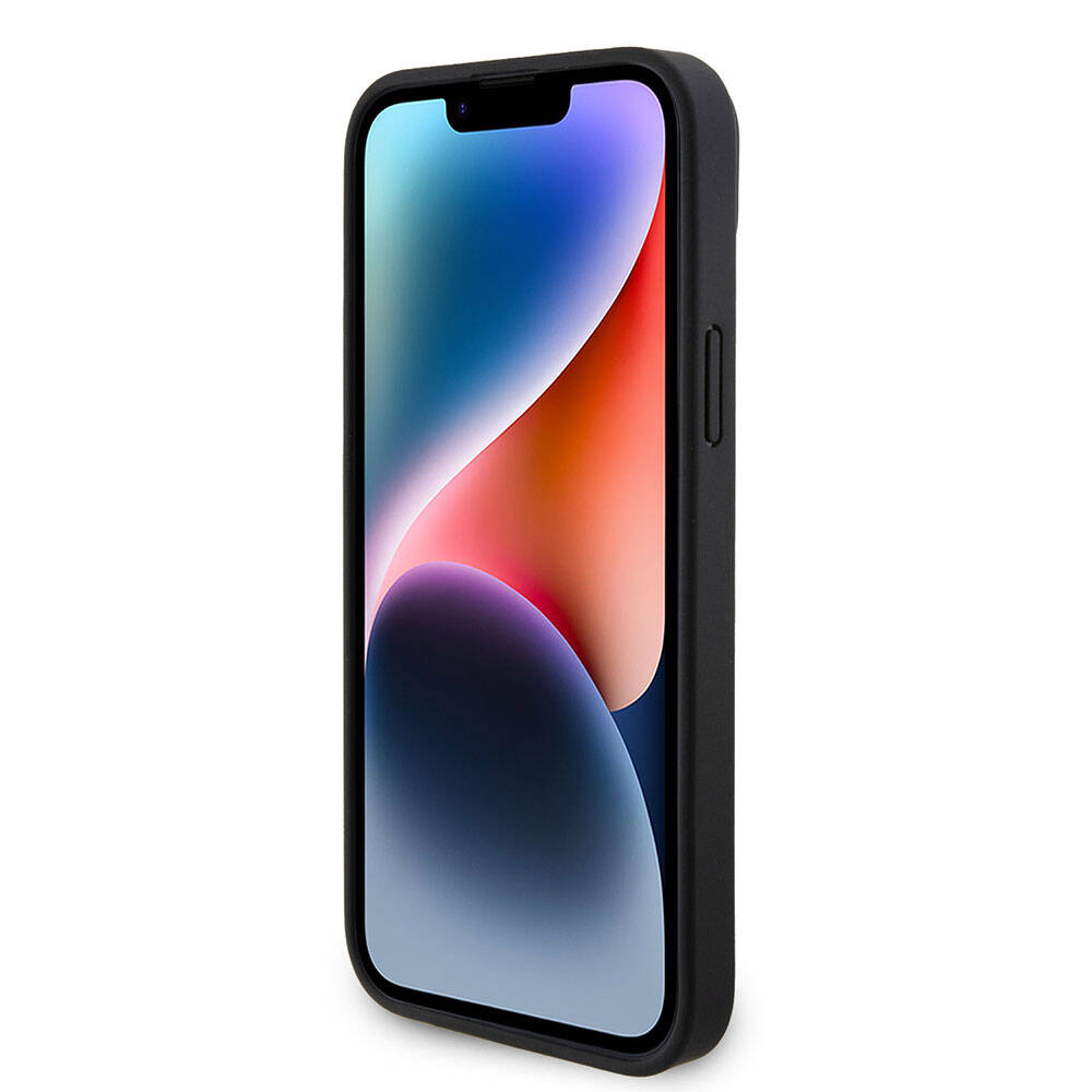 Guess iPhone 15 Plus Orjinal Lisanslı PU Deri Askılı Taşlı Üçgen Logo 4G Desenli Strass Crossbody Kılıf