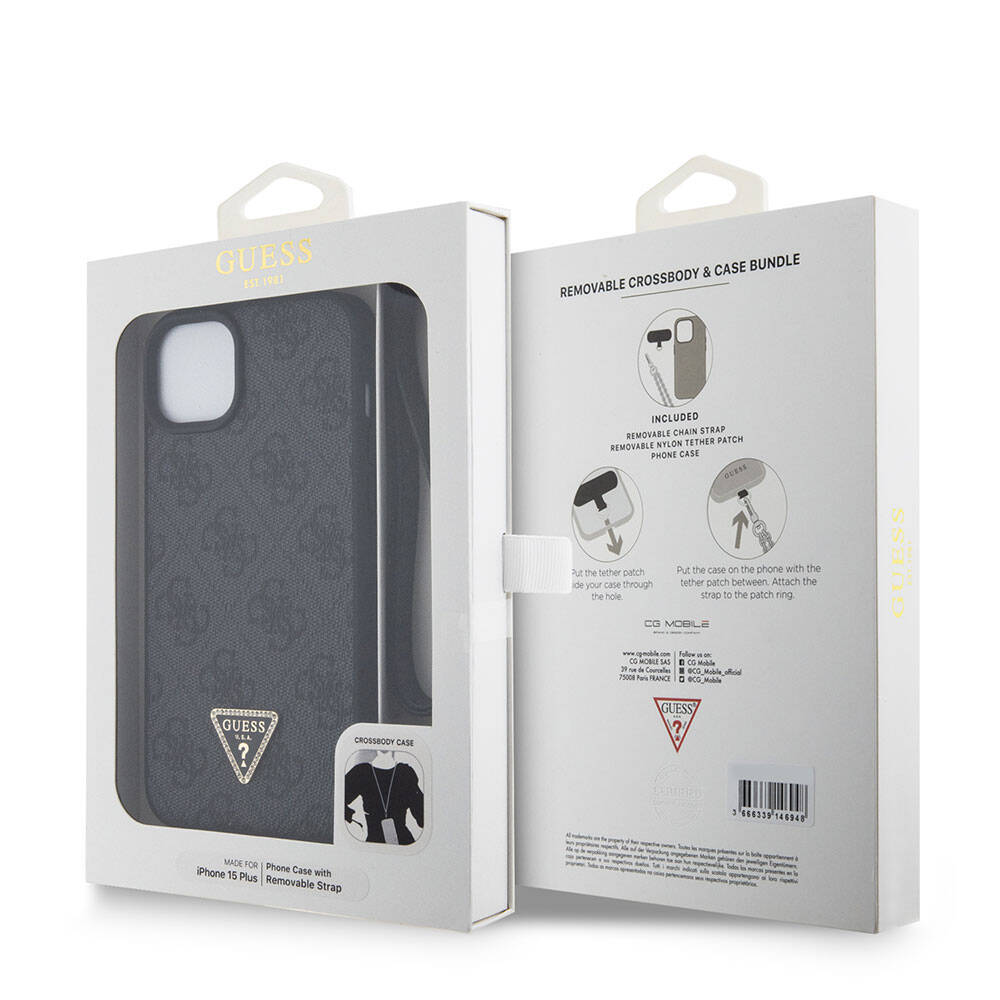 Guess iPhone 15 Plus Orjinal Lisanslı PU Deri Askılı Taşlı Üçgen Logo 4G Desenli Strass Crossbody Kılıf