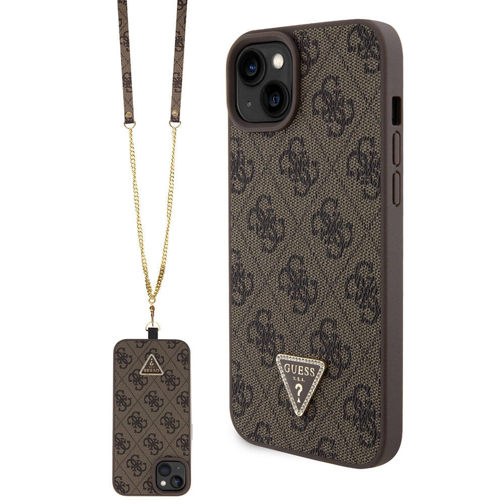 Guess iPhone 15 Plus Orjinal Lisanslı PU Deri Askılı Taşlı Üçgen Logo 4G Desenli Strass Crossbody Kılıf