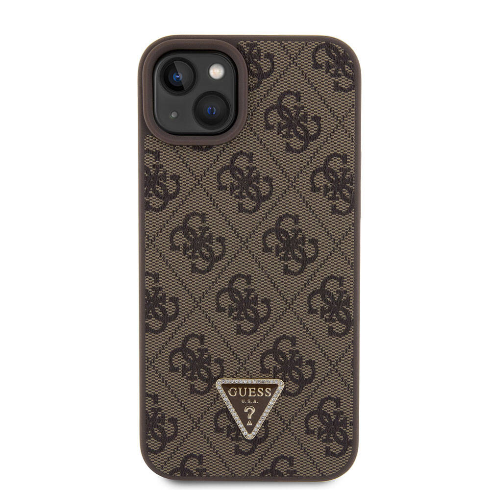 Guess iPhone 15 Plus Orjinal Lisanslı PU Deri Askılı Taşlı Üçgen Logo 4G Desenli Strass Crossbody Kılıf