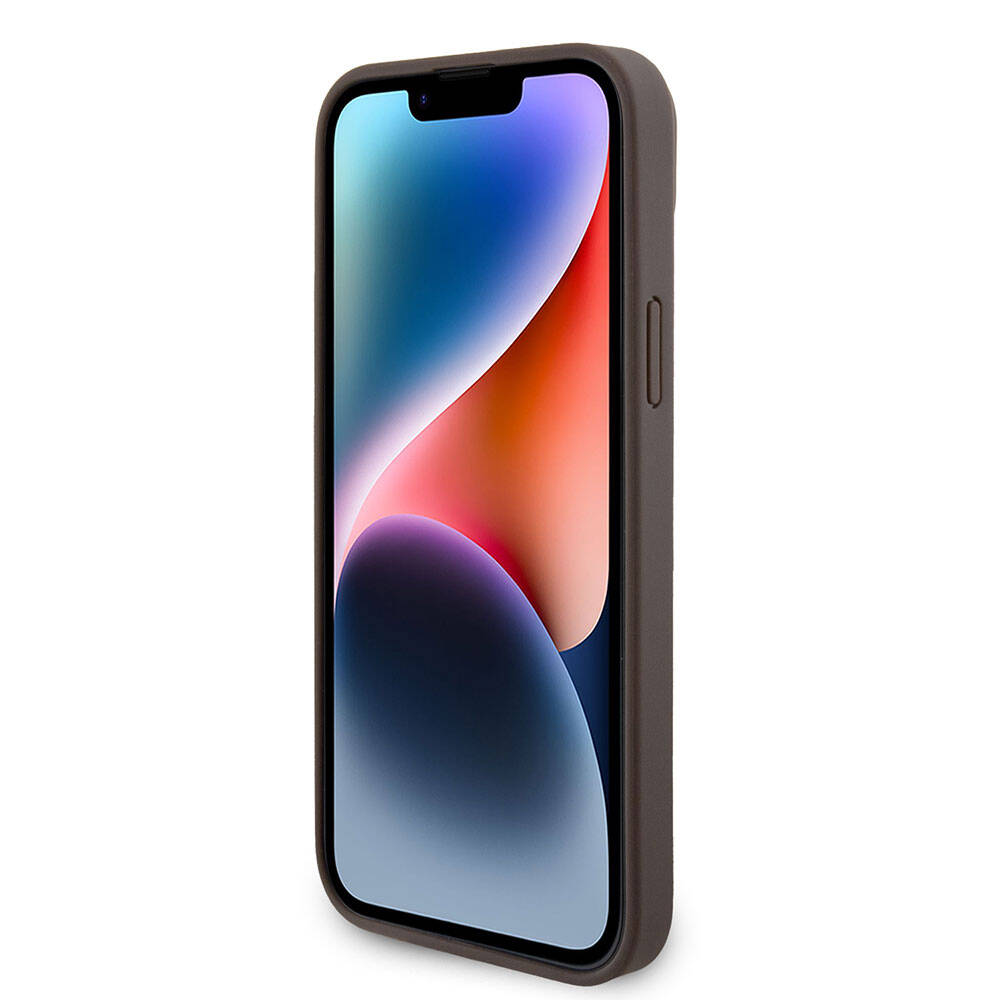 Guess iPhone 15 Plus Orjinal Lisanslı PU Deri Askılı Taşlı Üçgen Logo 4G Desenli Strass Crossbody Kılıf