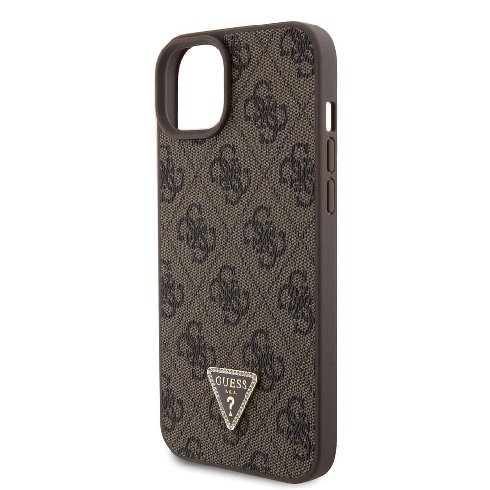 Guess iPhone 15 Plus Orjinal Lisanslı PU Deri Askılı Taşlı Üçgen Logo 4G Desenli Strass Crossbody Kılıf