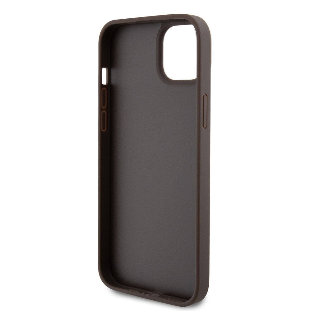 Guess iPhone 15 Plus Orjinal Lisanslı PU Deri Askılı Taşlı Üçgen Logo 4G Desenli Strass Crossbody Kılıf