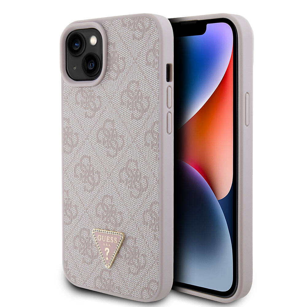 Guess iPhone 15 Plus Orjinal Lisanslı PU Deri Taşlı Üçgen Logo 4G Desenli Telefon Kılıfı