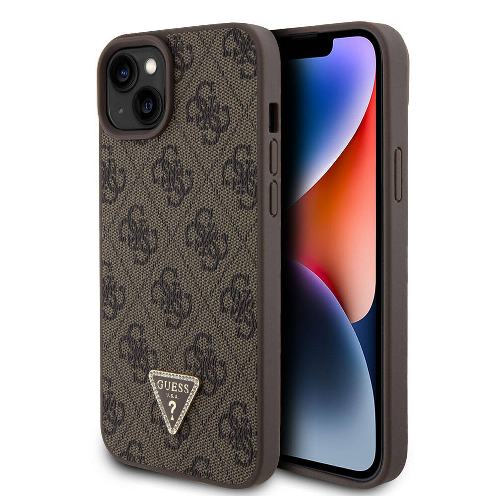 Guess iPhone 15 Plus Orjinal Lisanslı PU Deri Taşlı Üçgen Logo 4G Desenli Strass Telefon Kılıfı - 1
