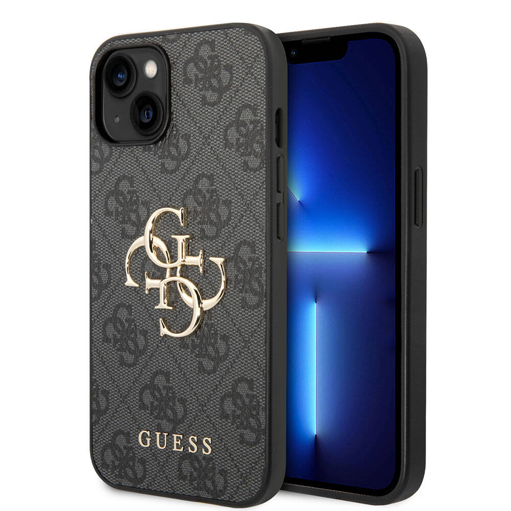 Guess iPhone 15 Plus Orjinal Lisanslı PU Deri Yazı ve 4G Metal Logolu Desenli Telefon Kılıfı