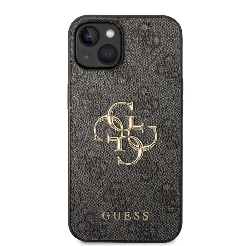 Guess iPhone 15 Plus Orjinal Lisanslı PU Deri Yazı ve 4G Metal Logolu Desenli Telefon Kılıfı