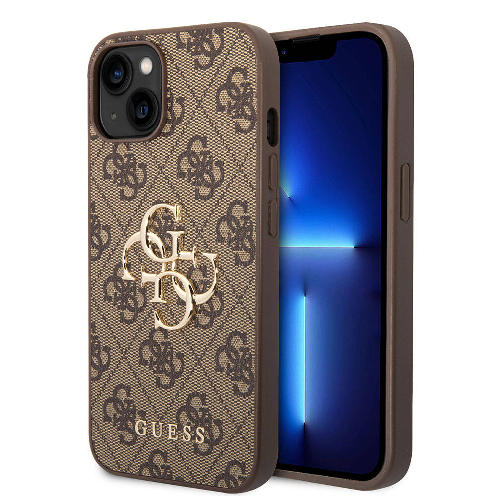 Guess iPhone 15 Plus Orjinal Lisanslı PU Deri Yazı ve 4G Metal Logolu Desenli Telefon Kılıfı