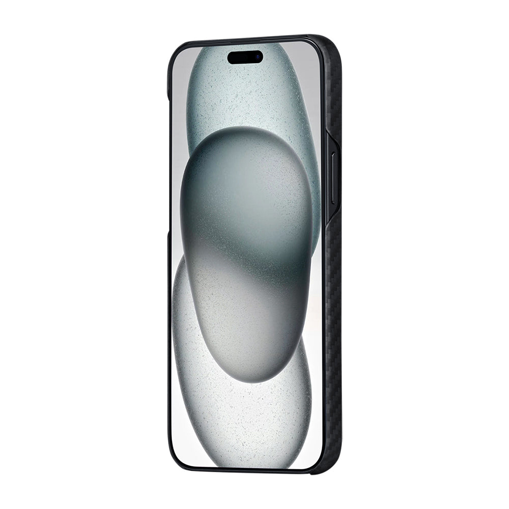 Pitaka Ultra-Slim Classic Serisi iPhone 15 Plus Kılıf M-safe Şarj Özellikli 1500D Aramid Fiber Black-Grey Twill Kılıf