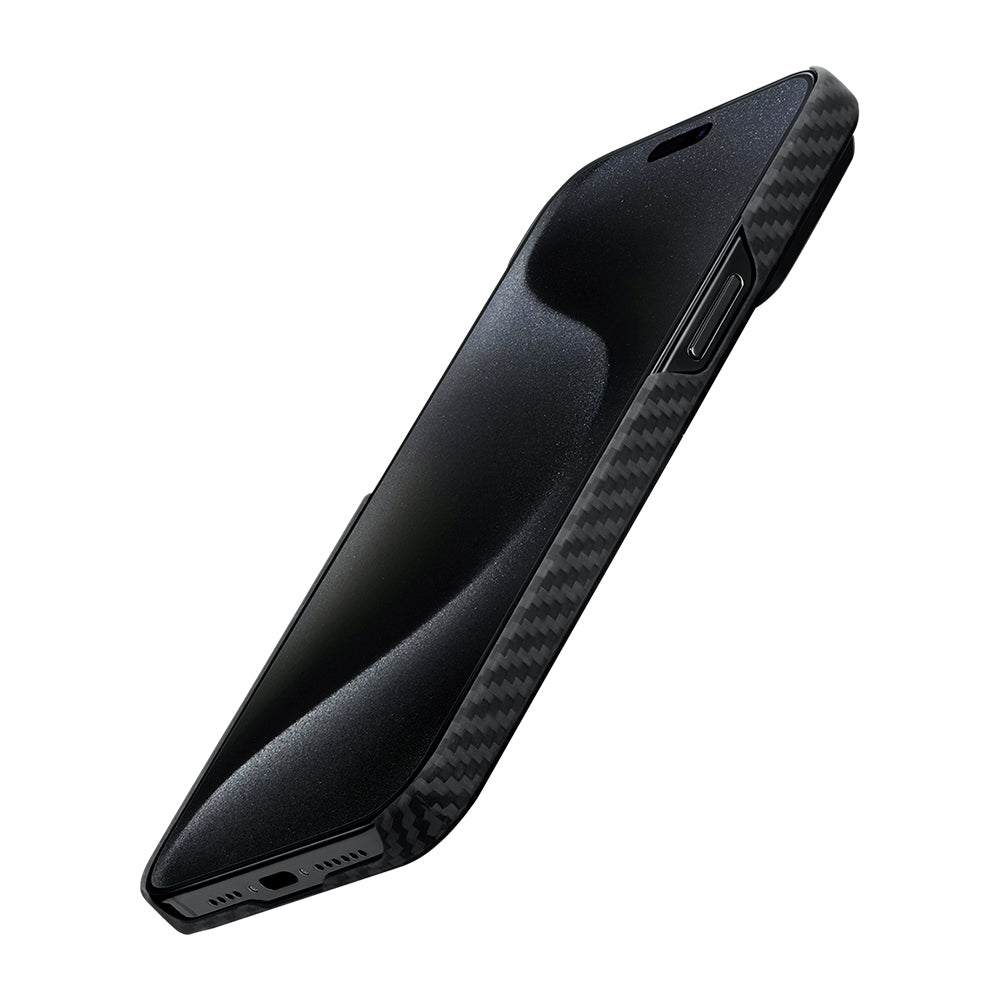 Pitaka Ultra-Slim Classic Serisi iPhone 15 Plus Kılıf M-safe Şarj Özellikli 1500D Aramid Fiber Black-Grey Twill Kılıf