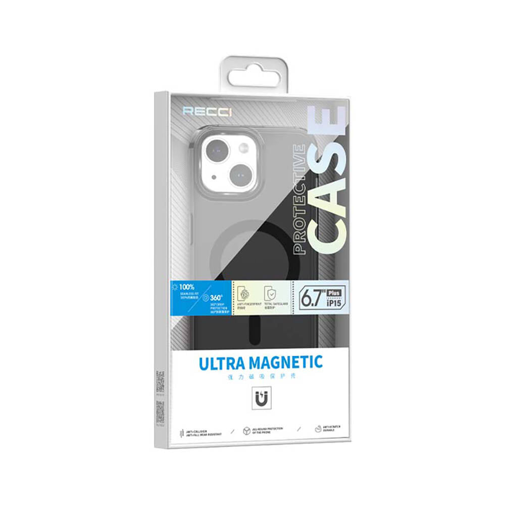 Recci Crystal Color Serisi iPhone 15 Plus M-safe Şarj Özellikli Saydam Arka Yüzey Kılıf