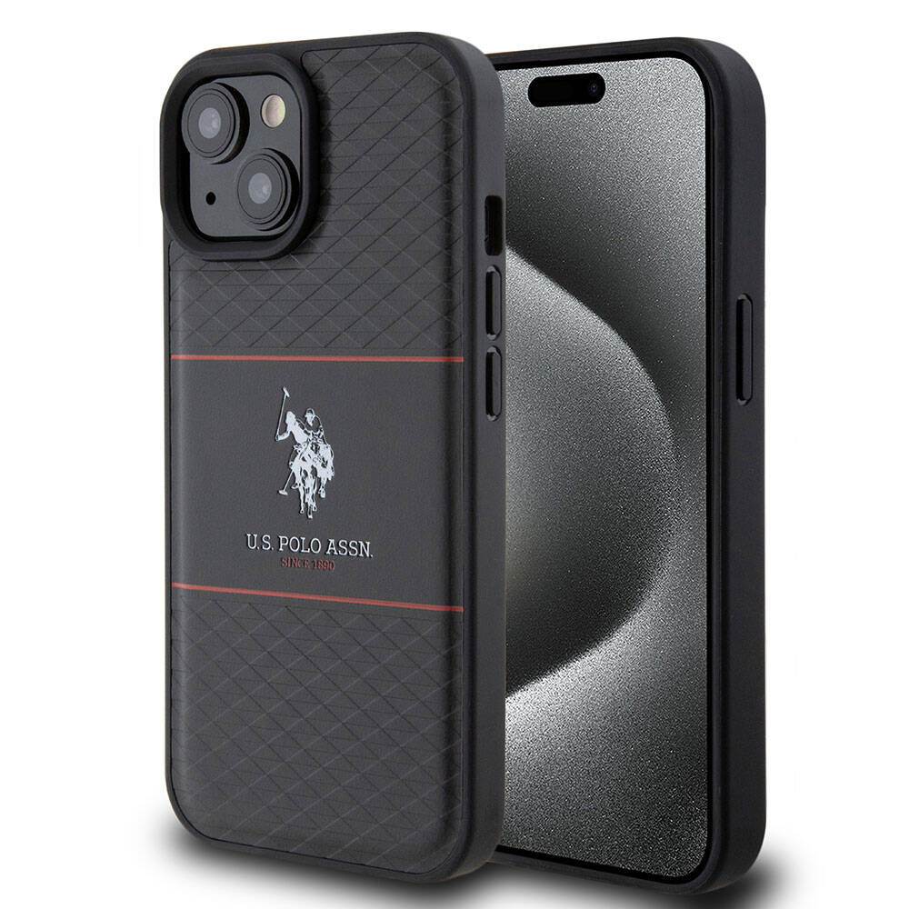 U.S. Polo Assn. iPhone 15 Plus Orjinal Lisanslı Deri Şeritli Logo Dizayn Kapak - 1
