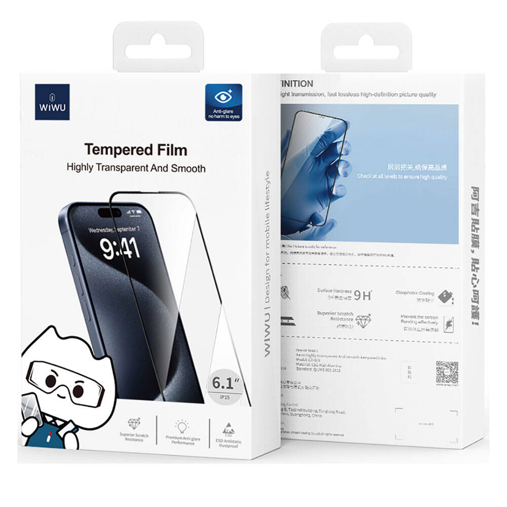 Wiwu GT-009 iPhone 15 Plus Polimer Oleofobik Kaplama Şeffaf Pürüzsüz Temperli Cam Ekran Koruyucu