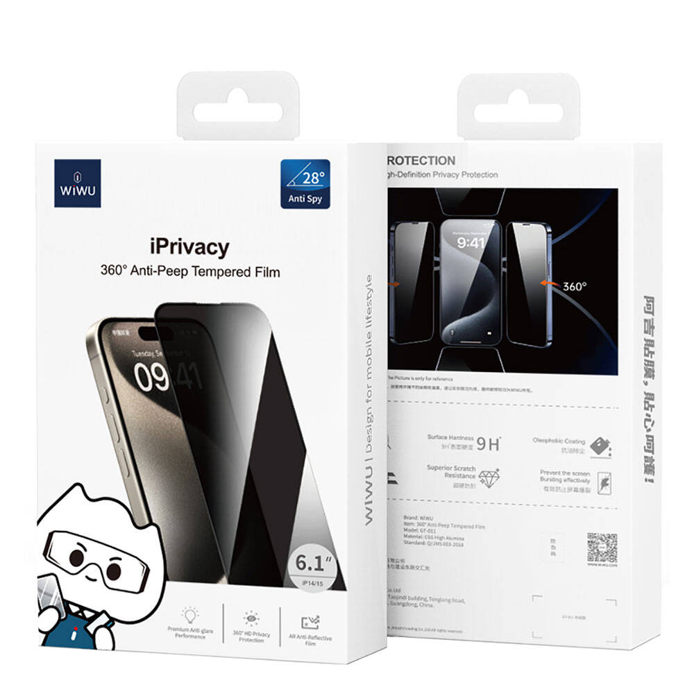 Wiwu GT-011 iPhone 15 Plus Anti-Bakteriyel Özellikli Polimer Oleofobik Kaplama Temperli Privacy Cam Ekran Koruyucu