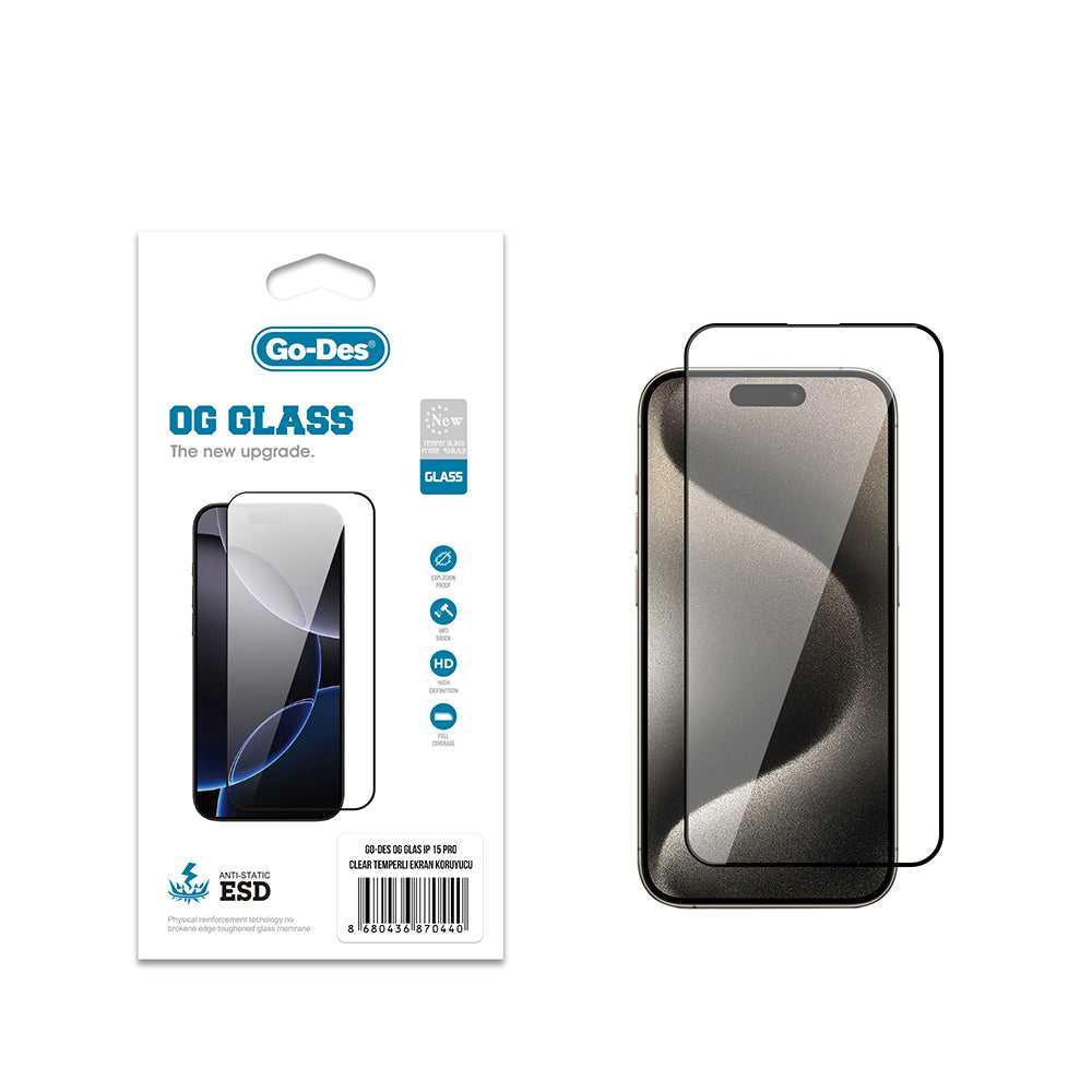Go Des OG iPhone 15 Pro Glass Antistatik Temperli Cam Ekran Koruyucu