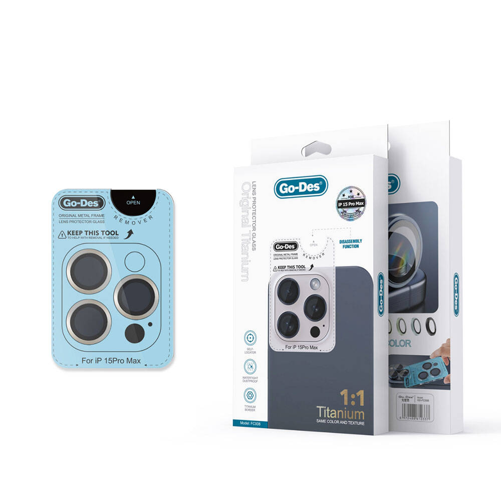 Go Des Titanium Premium iPhone 15 Pro Temperli Kamera Lens Koruyucu