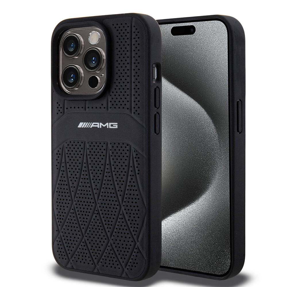 AMG iPhone 15 Pro Orjinal Lisanslı M-safe Şarj Özellikli Delikli Deri Kıvrımlı Çizgili Kılıf