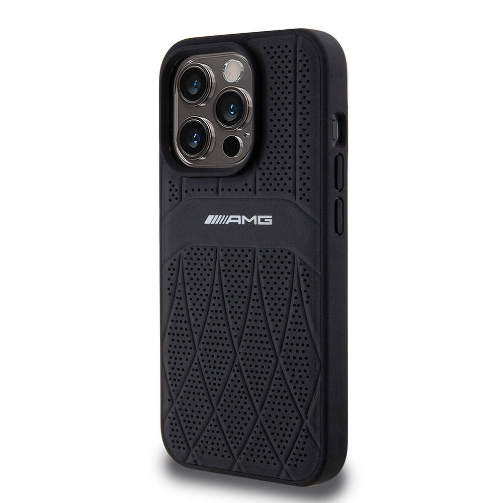 AMG iPhone 15 Pro Orjinal Lisanslı M-safe Şarj Özellikli Delikli Deri Kıvrımlı Çizgili Kılıf