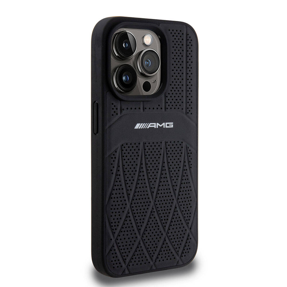 AMG iPhone 15 Pro Orjinal Lisanslı M-safe Şarj Özellikli Delikli Deri Kıvrımlı Çizgili Kılıf