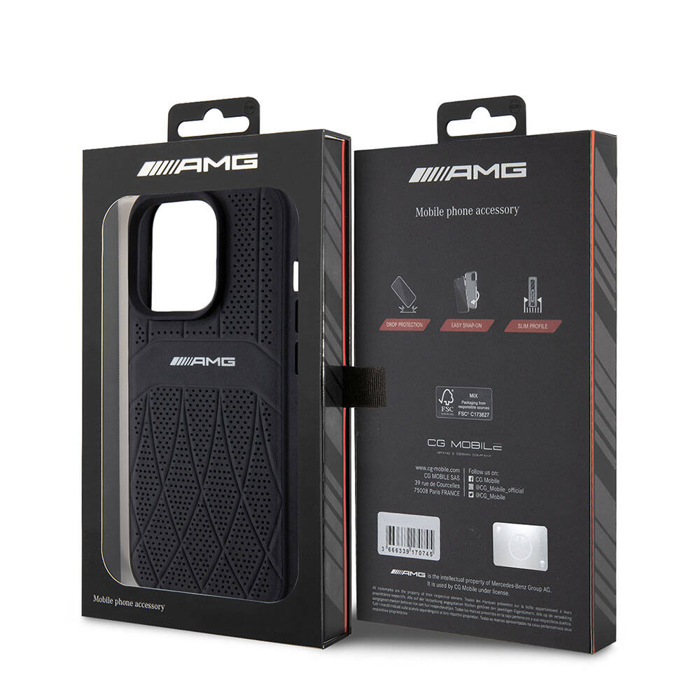 AMG iPhone 15 Pro Orjinal Lisanslı M-safe Şarj Özellikli Delikli Deri Kıvrımlı Çizgili Kılıf