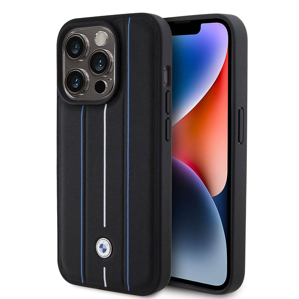 BMW iPhone 15 Pro Deri Görünümlü Blue Lines Orjinal Lisanslı Telefon Kılıfı