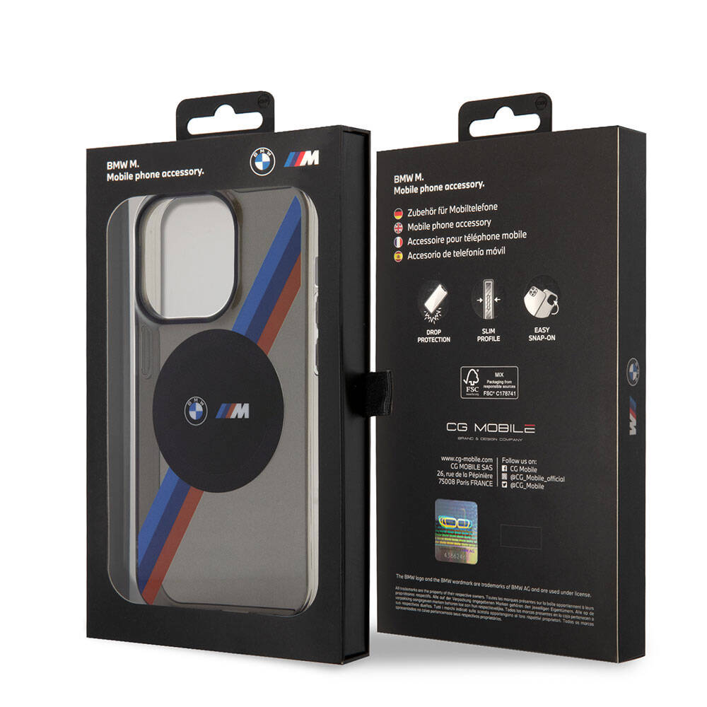 BMW iPhone 15 Pro M-safe Şarj Özellikli Transparan Tricolor Stripes Orjinal Lisanslı Kılıf