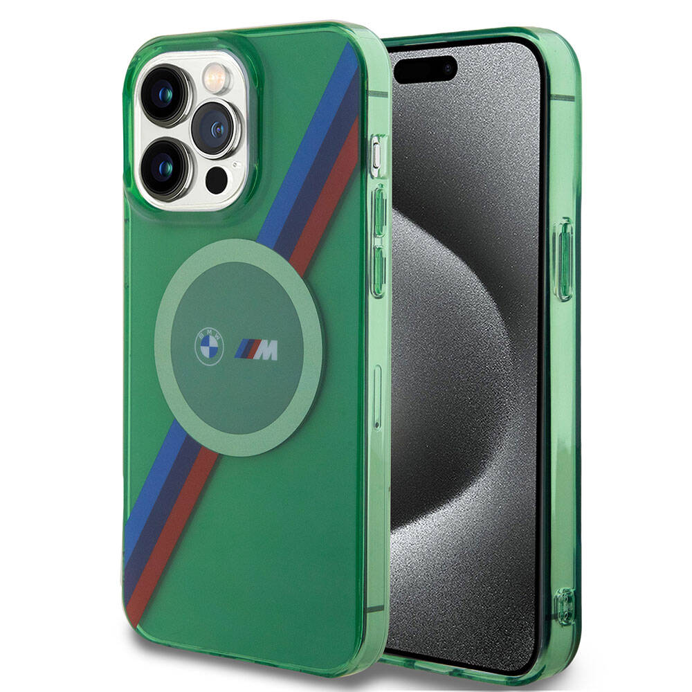 BMW iPhone 15 Pro M-safe Şarj Özellikli Transparan Tricolor Stripes Orjinal Lisanslı Kılıf