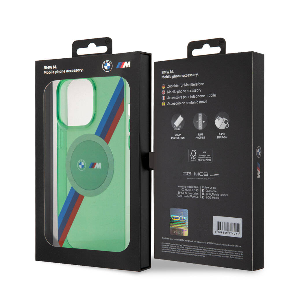 BMW iPhone 15 Pro M-safe Şarj Özellikli Transparan Tricolor Stripes Orjinal Lisanslı Kılıf